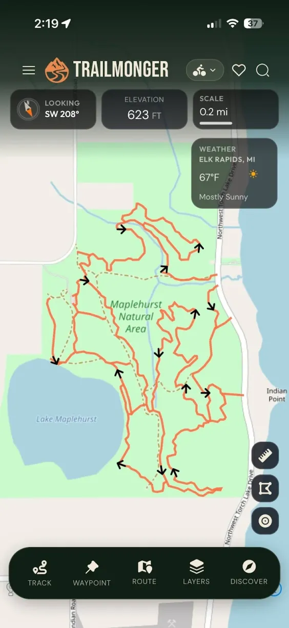 Trailmonger map — trails, terrain, weather, and the looking/elevation HUD